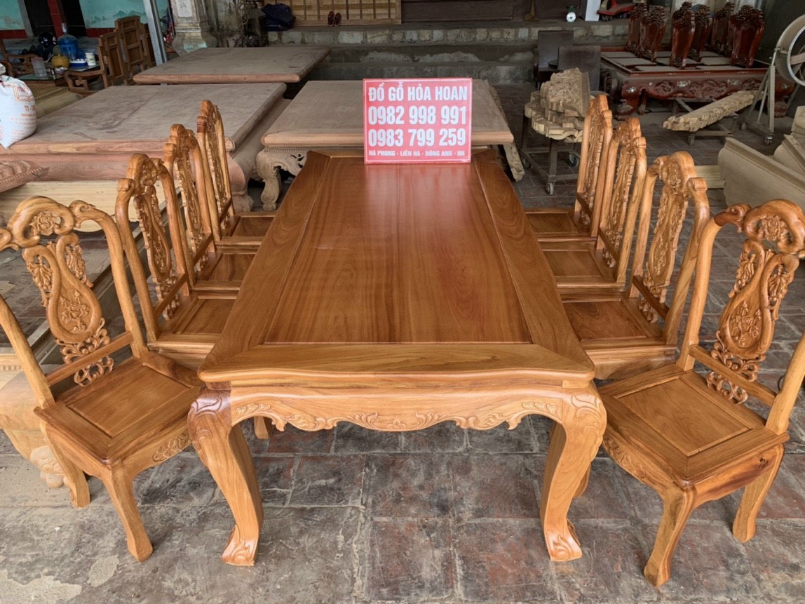Bộ bàn ghế ăn nguyên khối ván tràn gỗ đỏ cate dài 2m6, rộng 1m