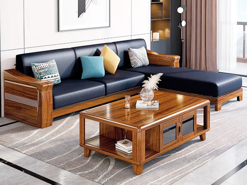 Bộ sofa và bàn cà phê gỗ tự nhiên