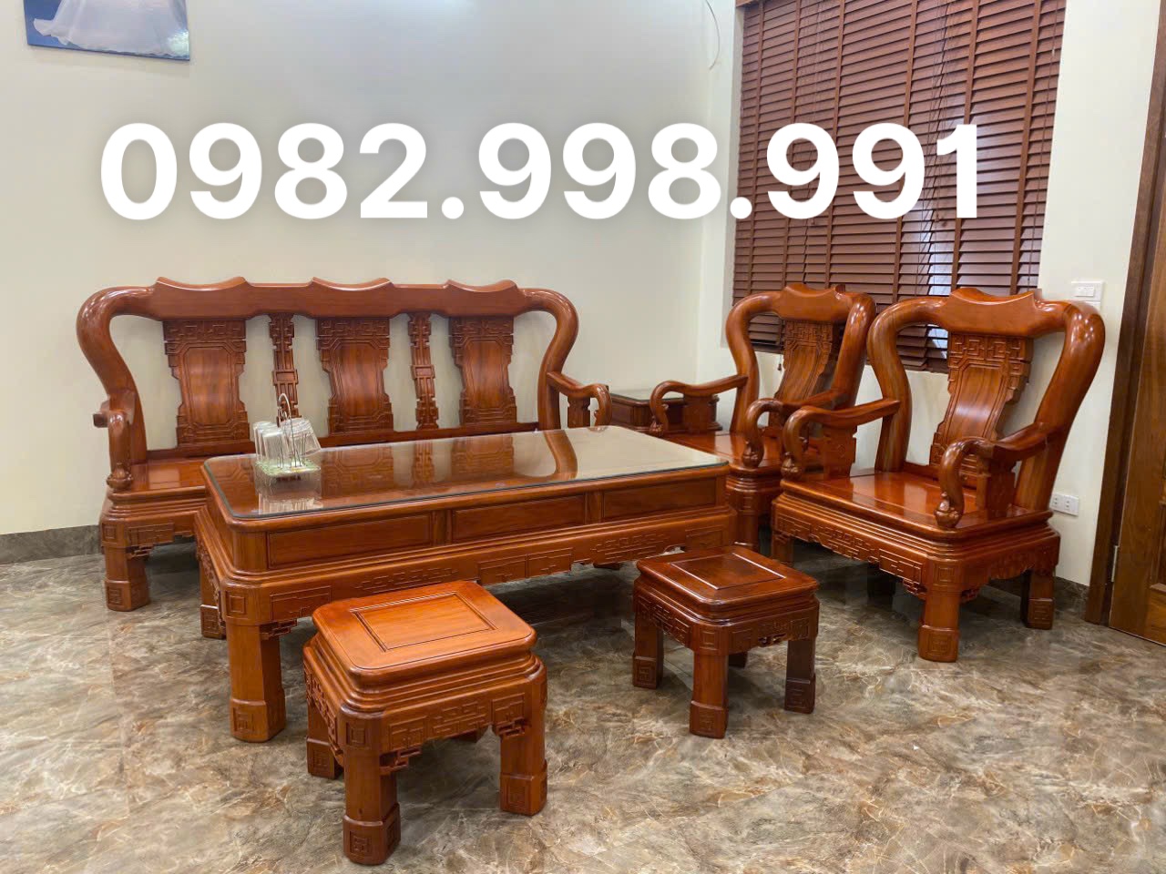 bộ bàn ghế gỗ gụ gồm 6 món phun sơn bóng mờ
