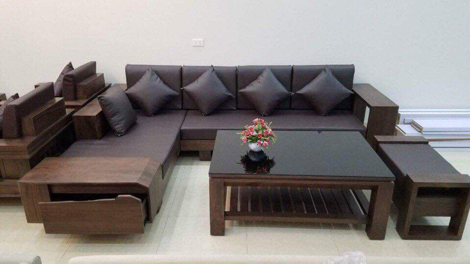 Bộ sofa gỗ nguyên khối tích hợp nệm hiện đại