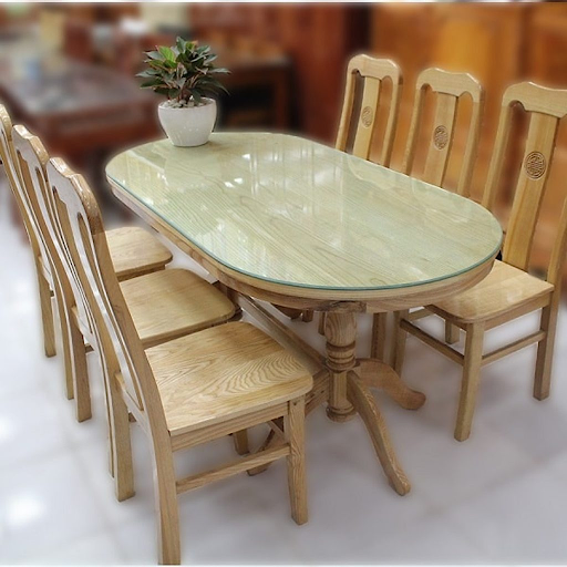 Bộ bàn ghế ăn gỗ sồi có mặt bàn hình tròn bầu dục