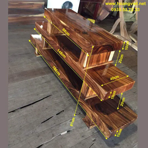 Minh hoạ các loại kích thước của kệ tivi làm bằng gỗ nguyên khối