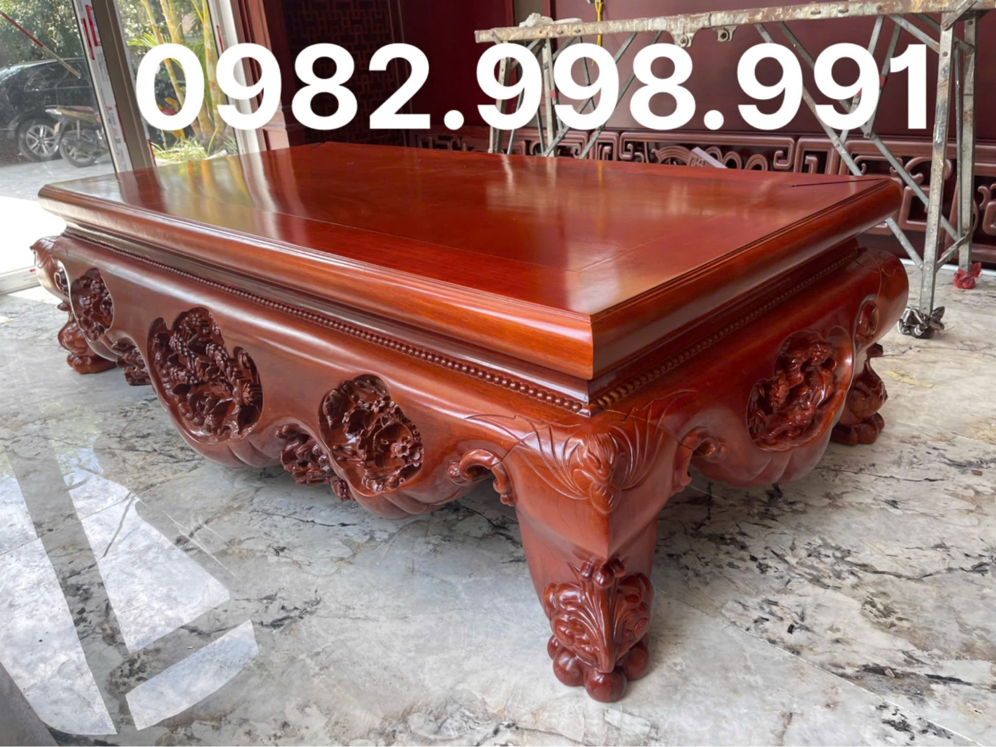 Sập lùn mẫu 3 bông gỗ gụ kích thước dài 1m97 rộng 1m7 cao 51