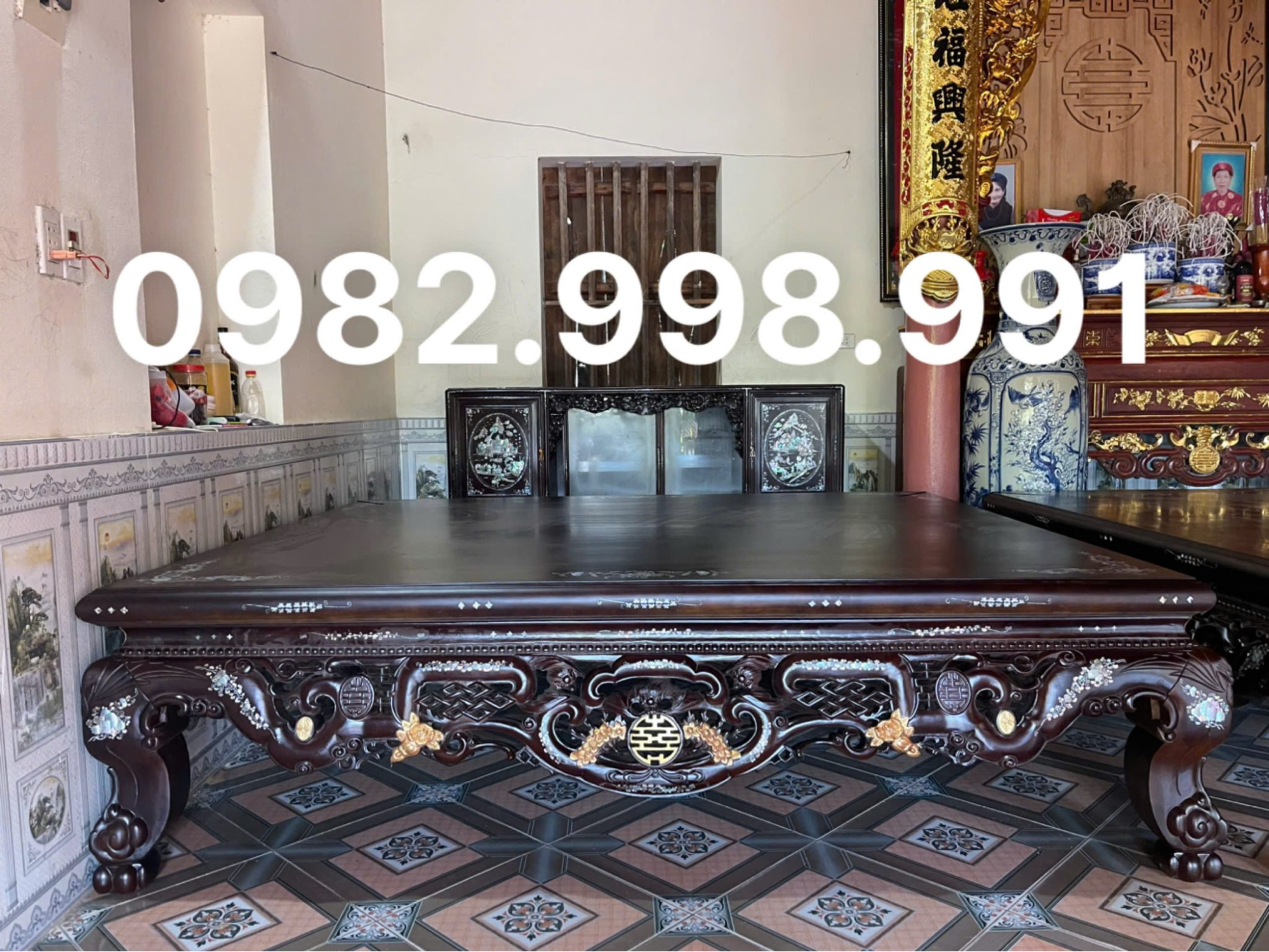 Sập ngũ phúc kim tiền gỗ gụ dài 2m