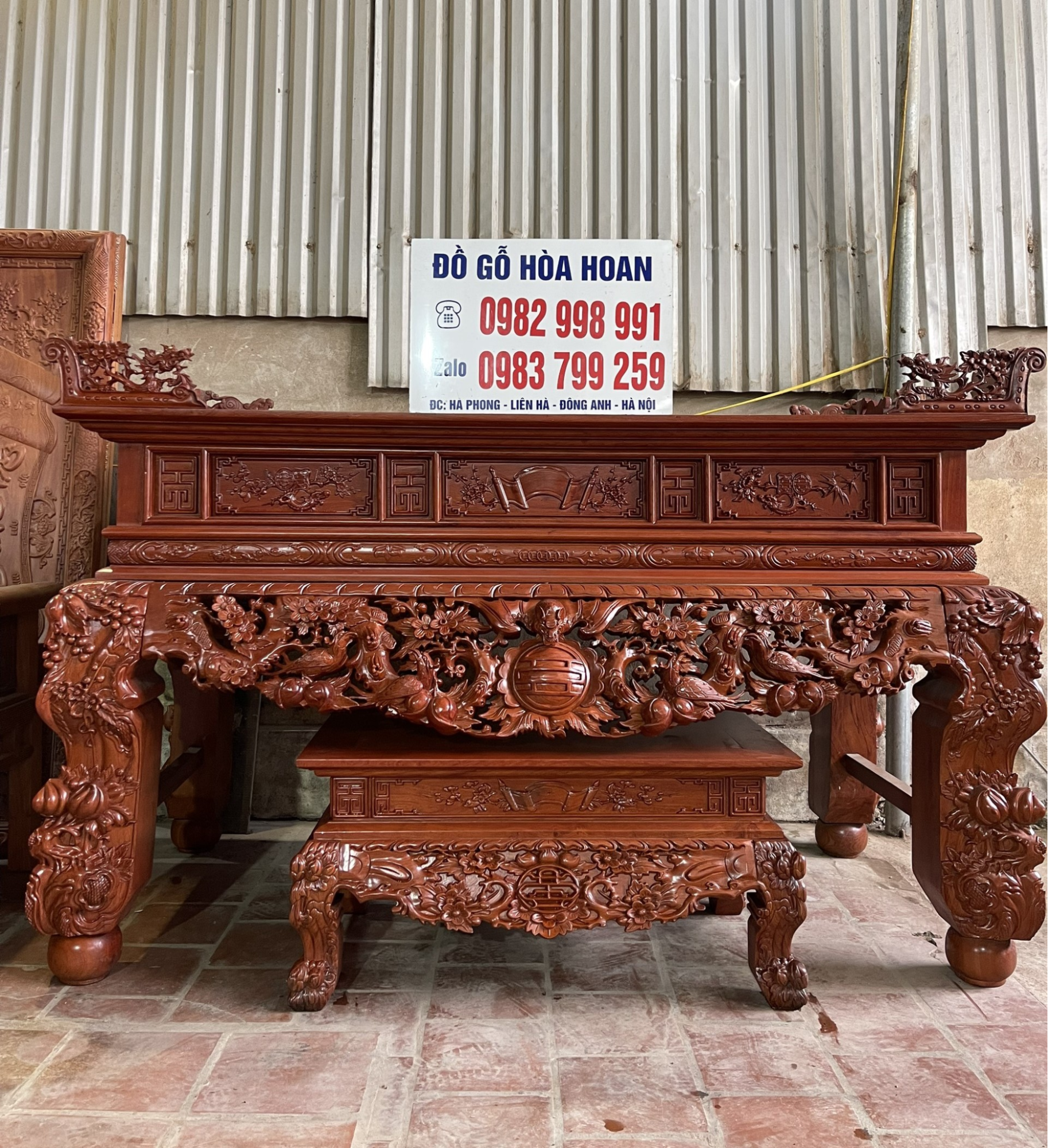 Sập thờ mai điểu gỗ hương đá chân 22