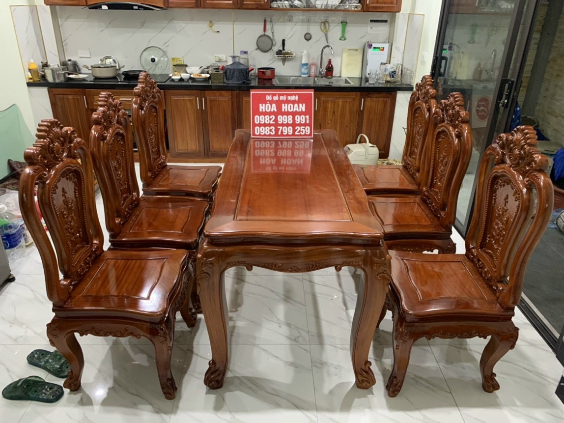 Bộ bàn ăn 6 ghế gỗ gõ đỏ mẫu hoa hồng