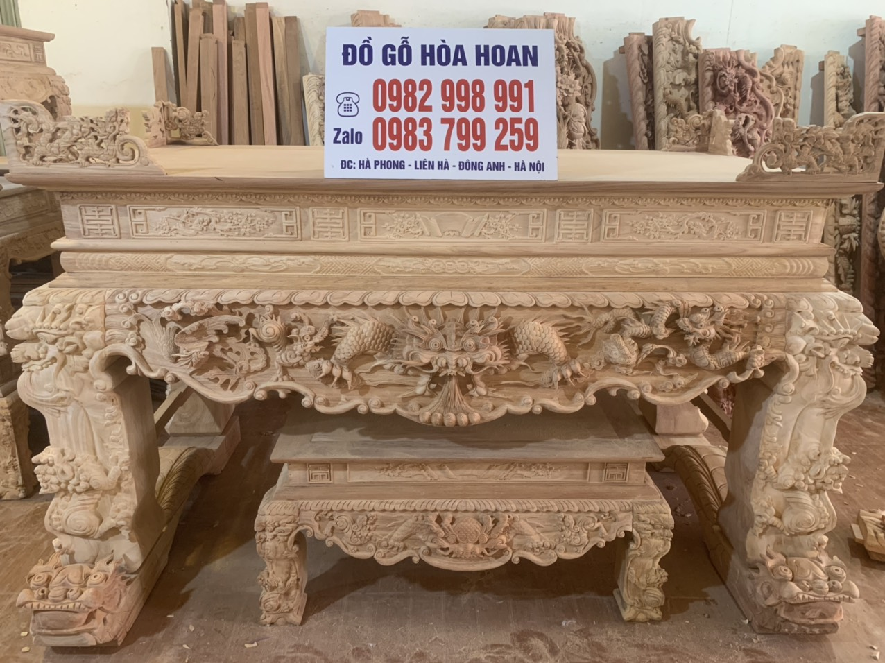 Sập thờ gỗ gõ đỏ hàng đục tay dài 2m17