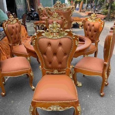 Bộ bàn ăn tròn gỗ gõ 7 món