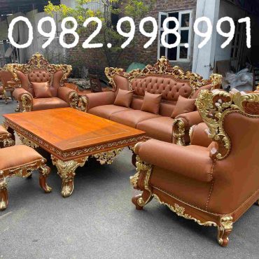 Bộ ghế hoàng gia gỗ gõ chân 24 bọc da dát vàng