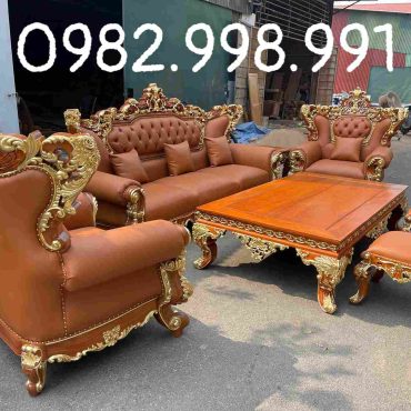 Bộ ghế hoàng gia gỗ gõ chân 24 bọc da dát vàng