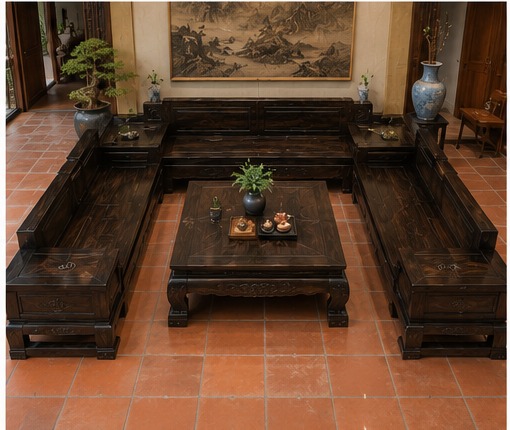 Bộ bàn ghế chữ U gỗ mun cao cấp
