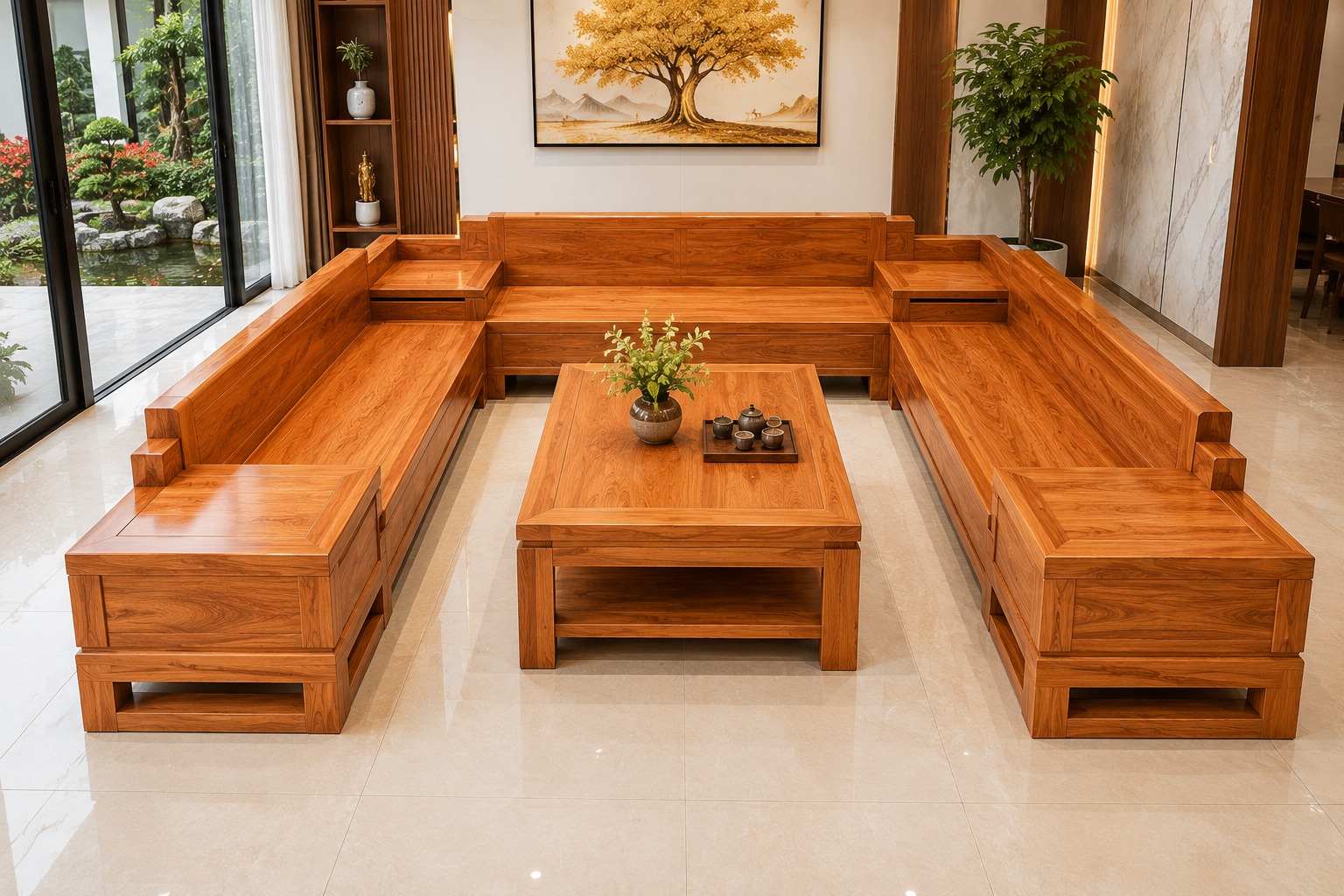 Bộ bàn ghế chữ U gỗ gõ đỏ
