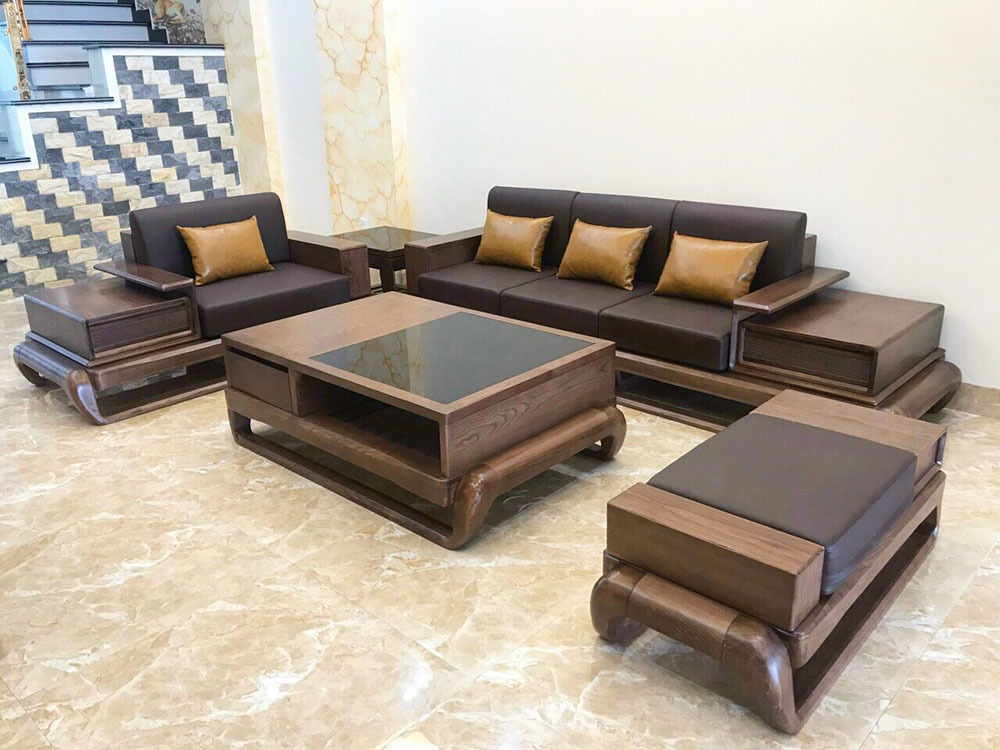 Bộ sofa góc chữ L gỗ sồi Nga lau màu óc chó hiện đại