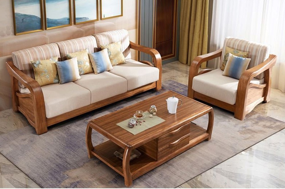 Mẫu bàn ghế gỗ sồi văng đôi nhỏ gọn cho chung cư mini