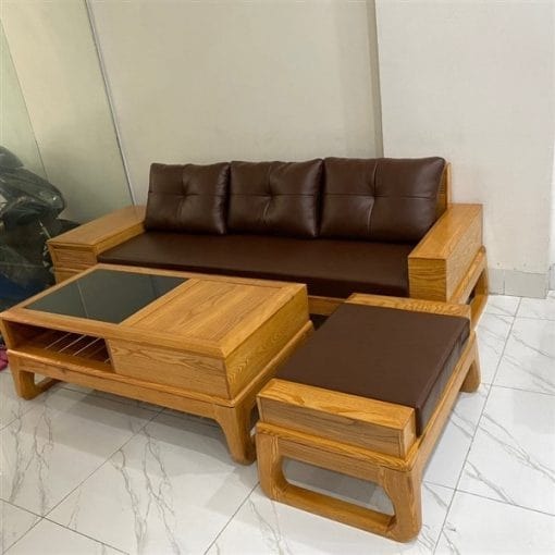 Bộ Bàn Ghế Phòng Khách 1 văng chân quỳ gỗ sồi tự nhiên 