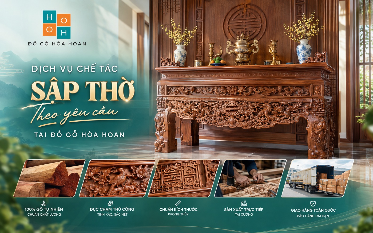 Dịch vụ chế tác sập thờ theo yêu cầu tại Đồ gỗ Hòa Hoan